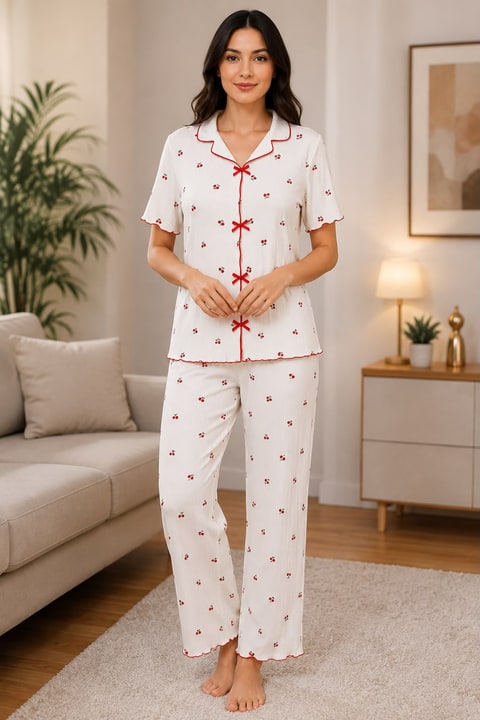 Kadın Viskon Kaşkorse Kurdeleli Kısa Kol Pijama Takımı