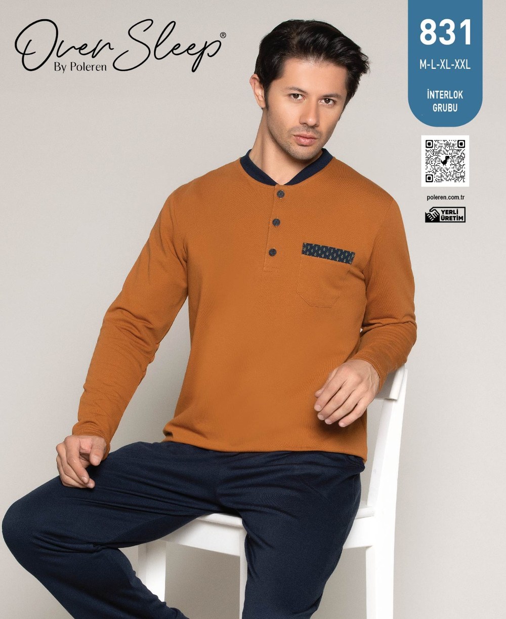 Over Sleep Erkek Poleren Hardal İnterlok Pijama Takım