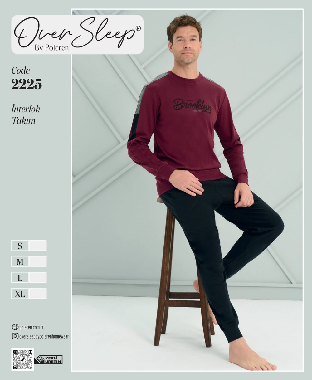Over Sleep Erkek Bordo İnterlok U.Kol Pijama Takım