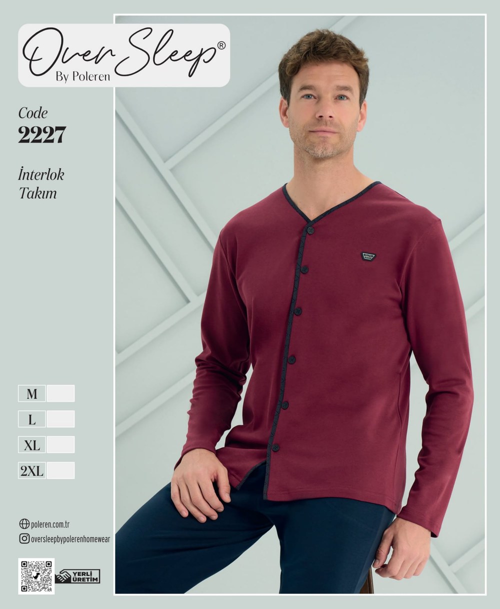 Over Sleep Erkek Bordo İnterlok Ö.Düğmeli U.Kol Pijama Takım