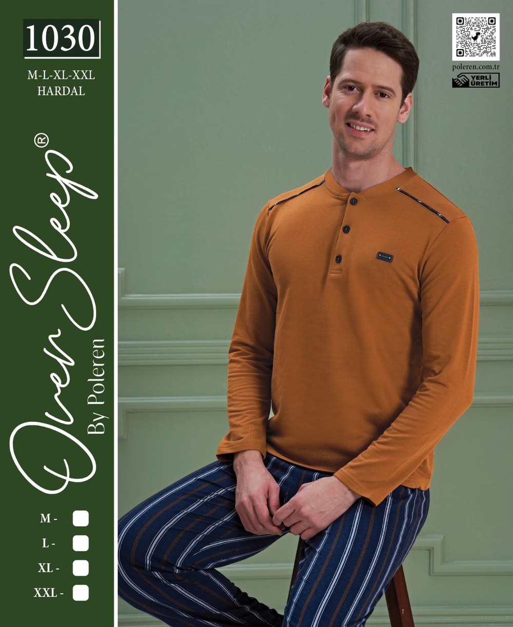 Over Sleep Erkek Poleren Hardal Pijama Takım