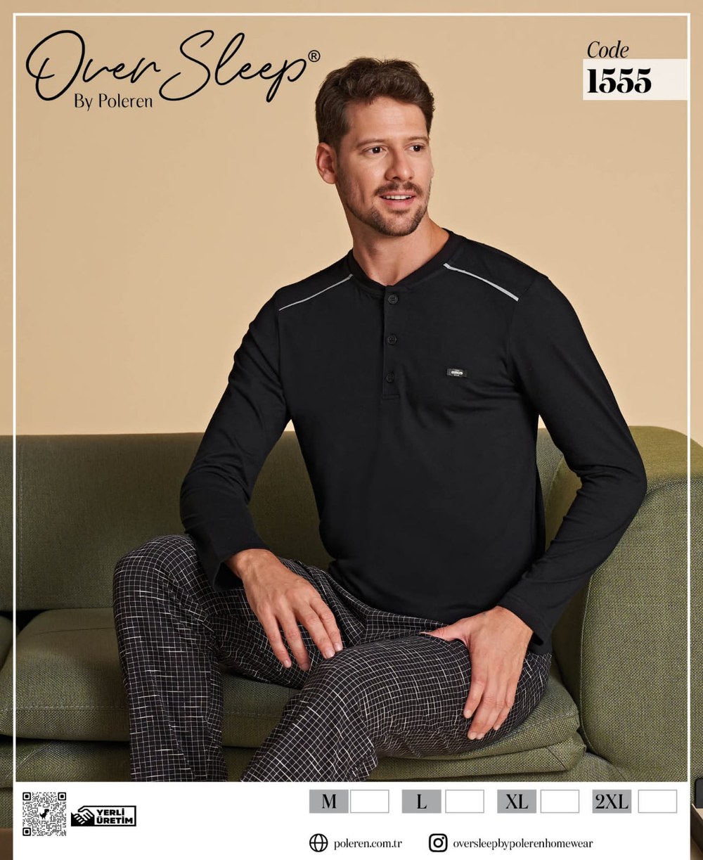 Over Sleep Erkek Poleren Siyah Pijama Takım