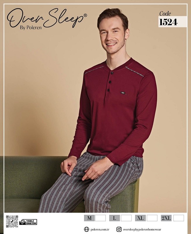 Over Sleep 1524 Erkek Poleren Bordo Pijama Takım