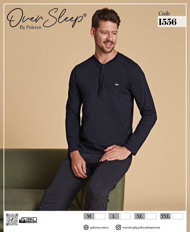 Over Sleep Erkek Poleren Lacıvert U.Kol Pijama Takım