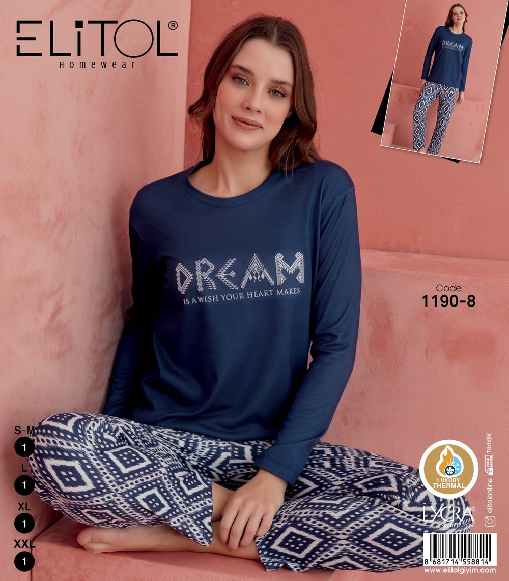 Elitol 1190-8 Bayan Desenli Thermal Pijama Takımı