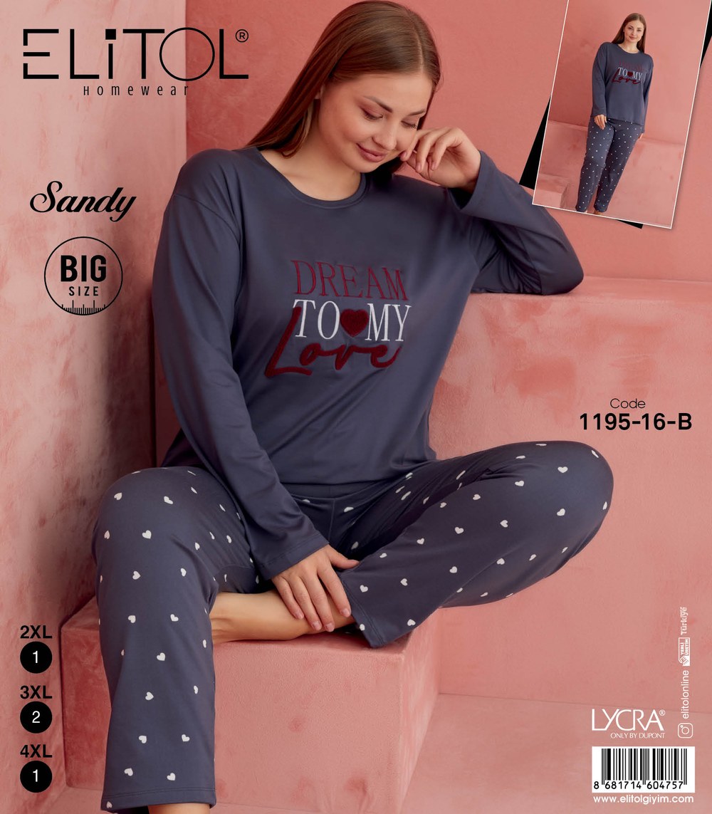 Elitol 1195-16-B Sandy Battal Bayan Füme Pijama Takımı