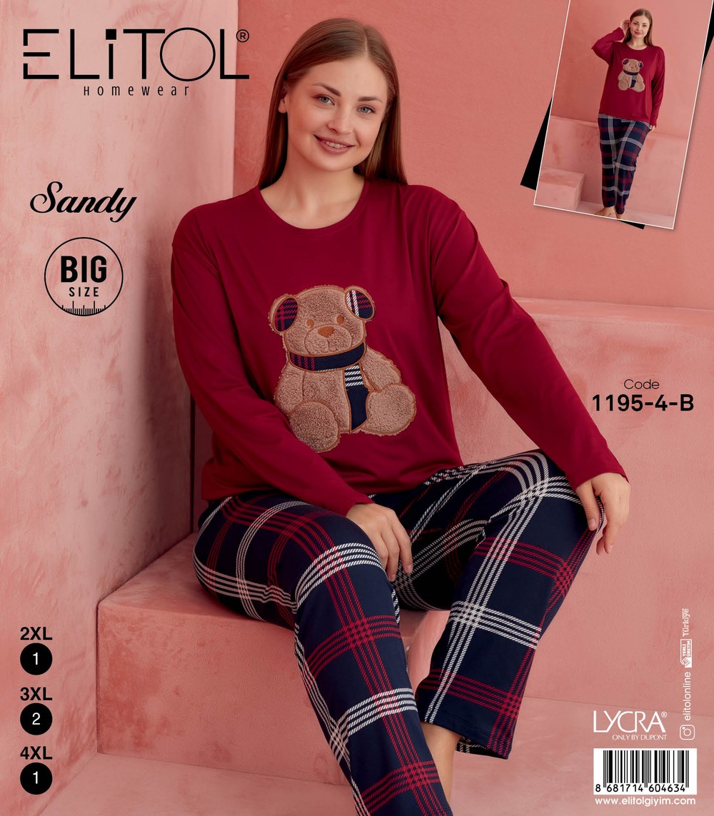 Elitol 1195-4-B Sandy Battal Bayan Bordo Pijama Takımı