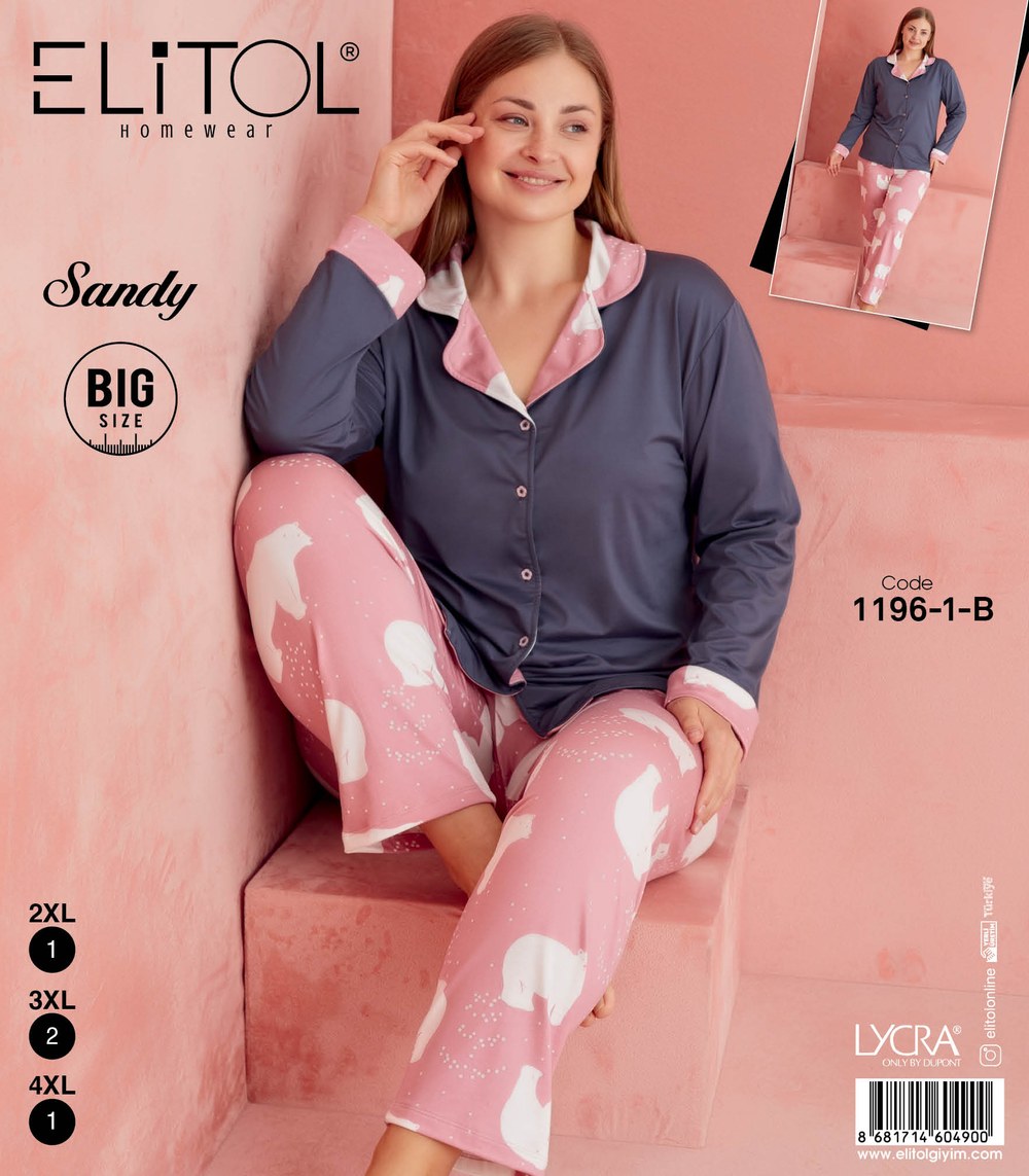 Elitol 1196-1-B Sandy Battal Bayan Füme Düğmeli Pijama Takımı