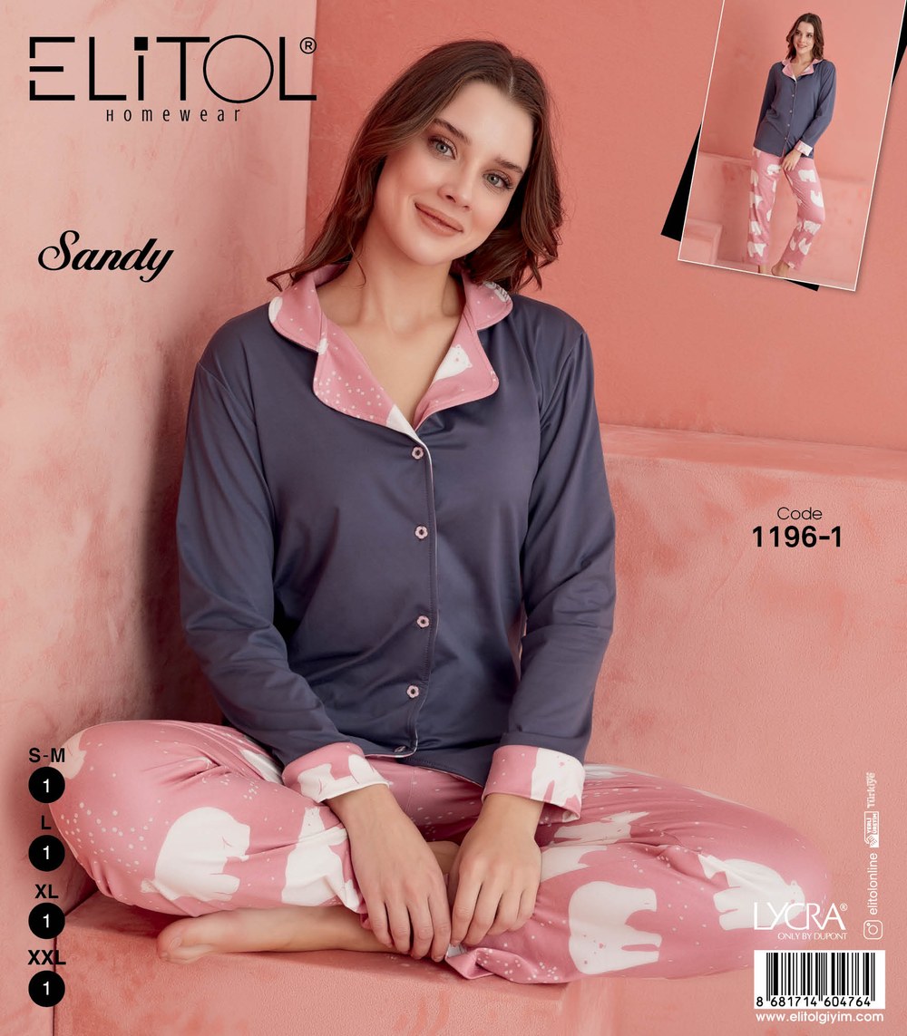 Elitol 1196-1 Sandy Bayan Füme Düğmeli Pijama Takımı