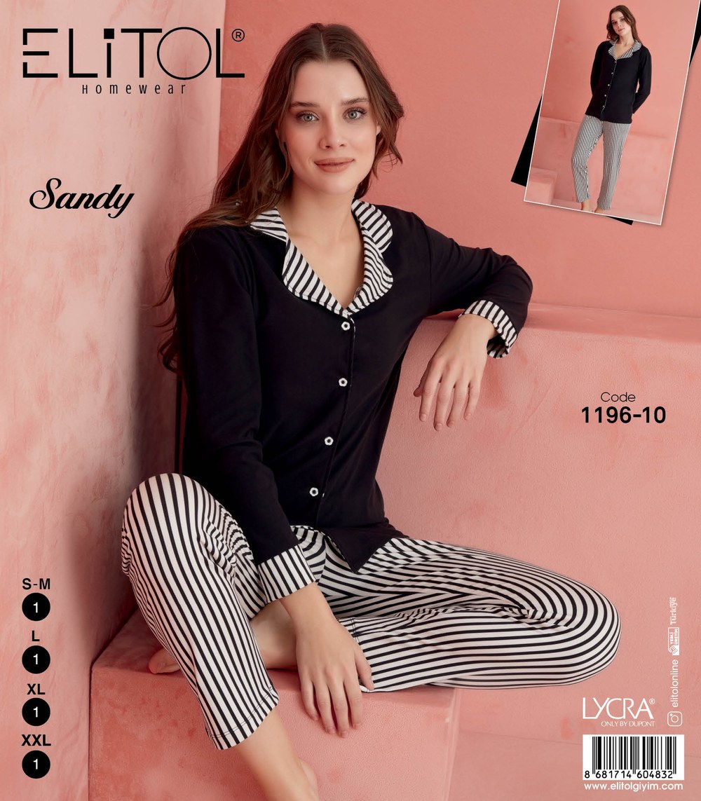 Elitol 1196-10 Sandy Bayan Siyah Düğmeli Pijama Takımı