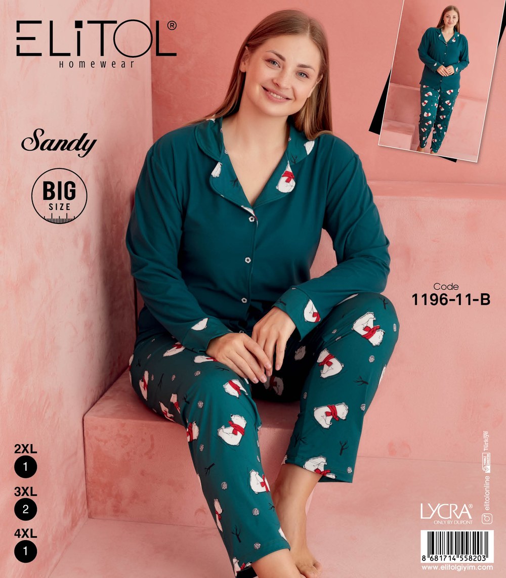 Elitol 1196-11-B Sandy Battal Bayan Yeşil Düğmeli Pijama Takımı