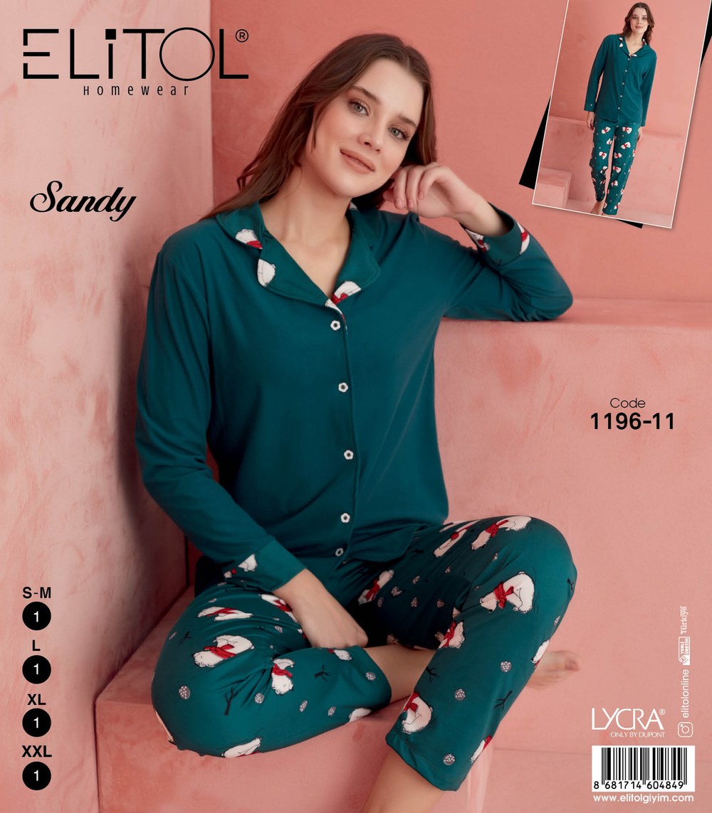 Elitol 1196-11 Sandy Bayan Yeşil Düğmeli Pijama Takımı