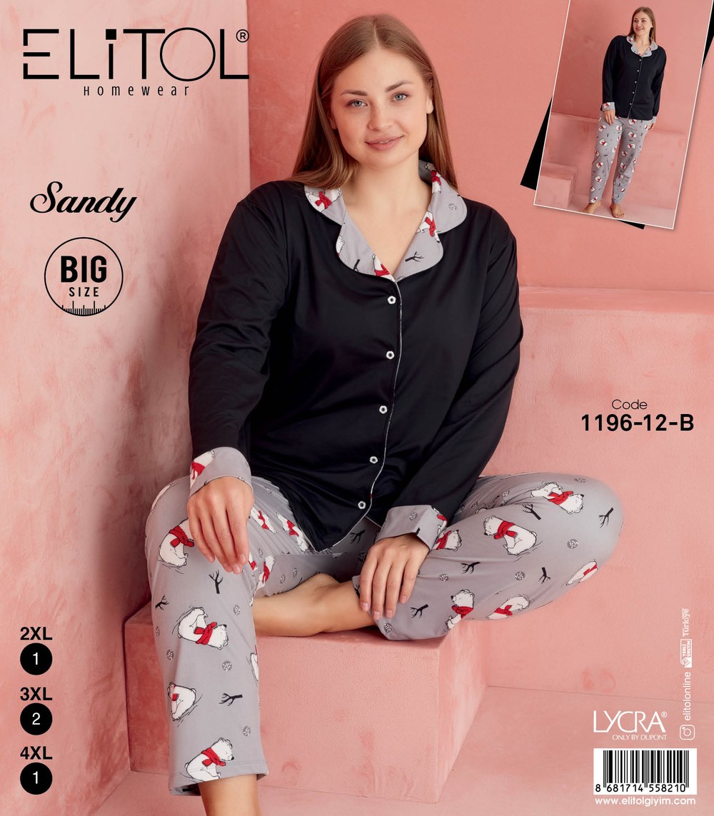 Elitol 1196-12-B Sandy Battal Bayan Siyah Düğmeli Pijama Takımı