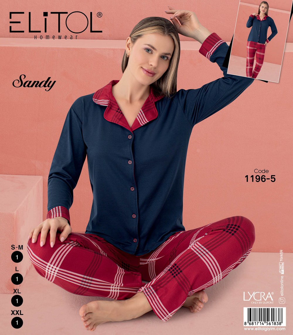 Elitol 1196-5 Sandy Bayan Desenli Düğmeli Pijama Takımı