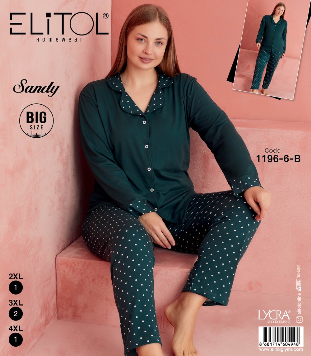 Elitol 1196-6-B Sandy Battal Bayan Yeşil Düğmeli Pijama Takımı