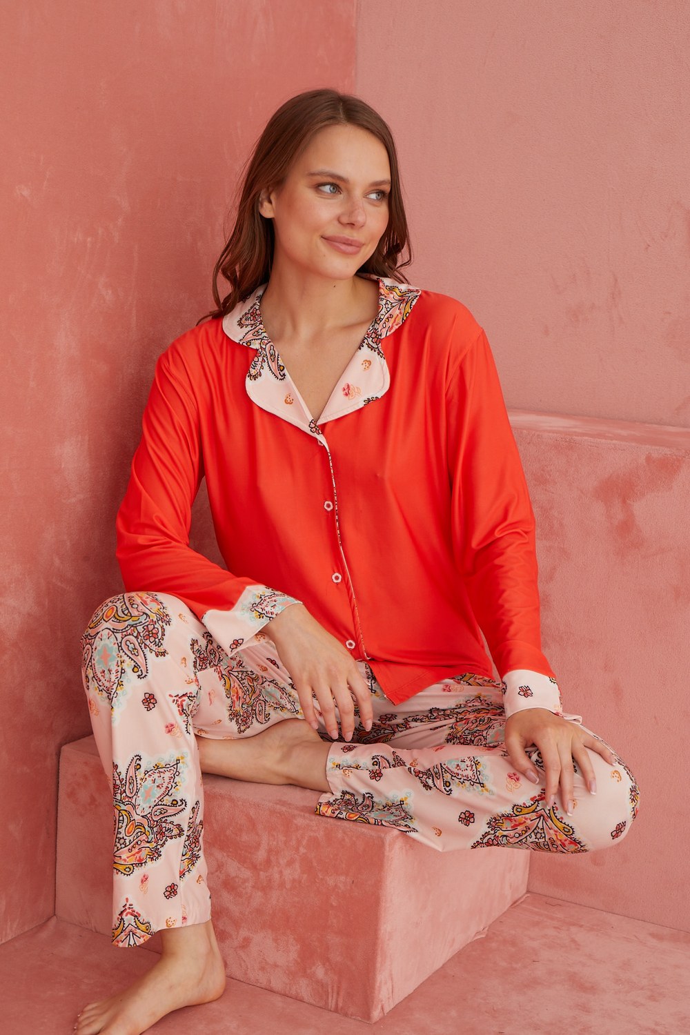 Elitol 1182-16 Marla Bayan Turuncu Düğmeli Pijama Takım