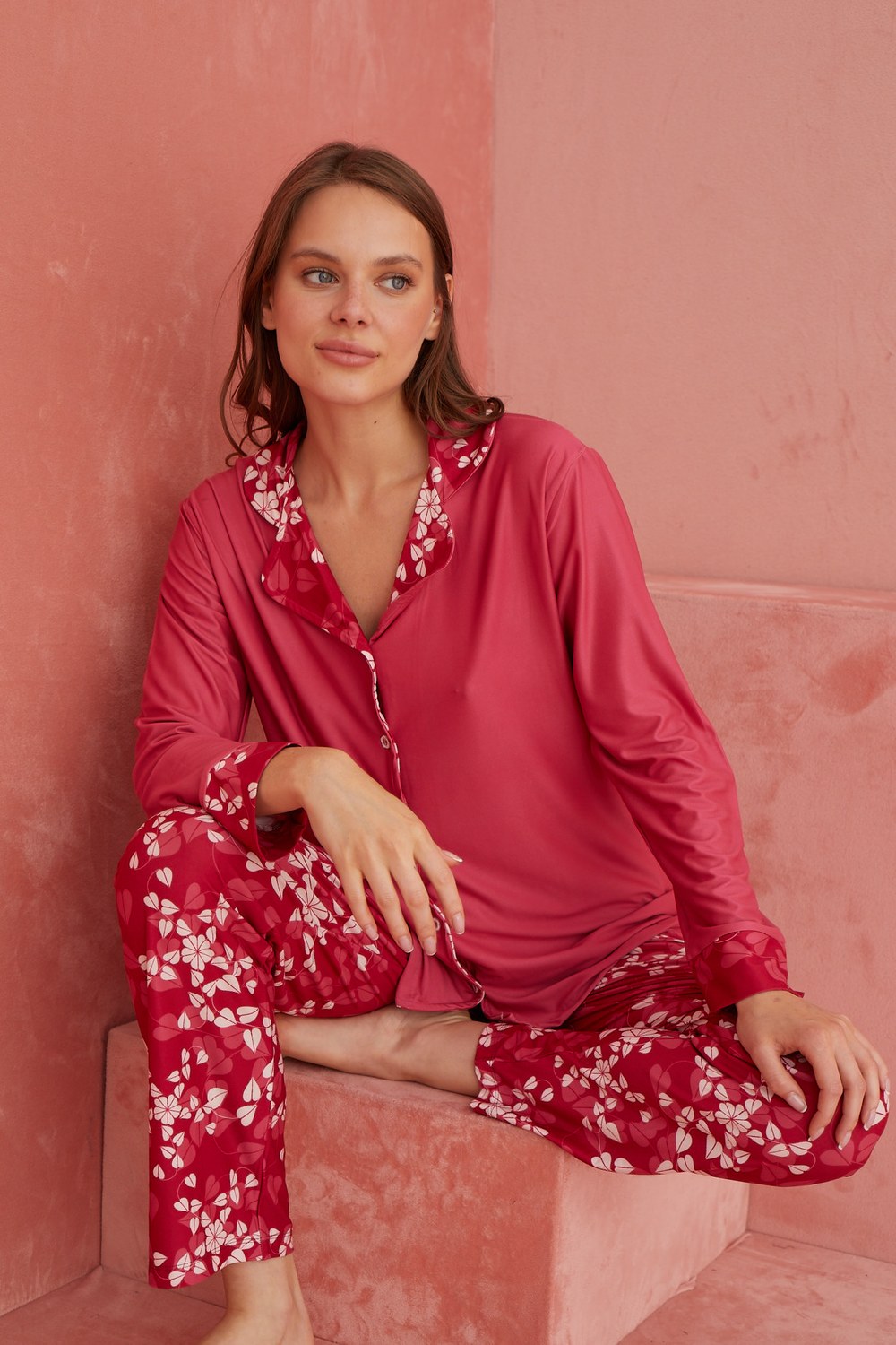 Elitol 1182-6 Marla Bayan Kiremit Düğmeli Pijama Takım