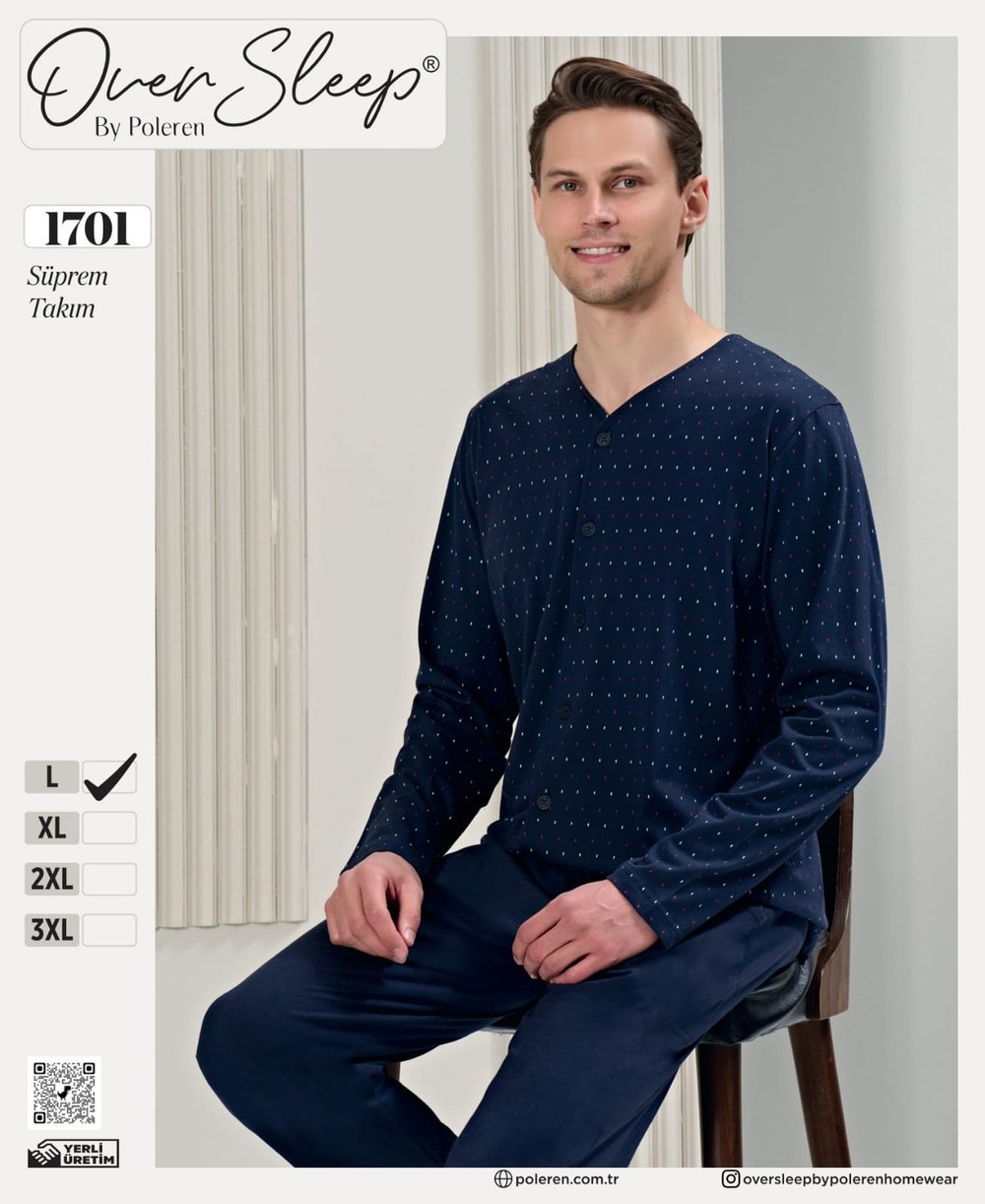 Over Sleep Erkek Poleren Lacıvert Battal Pijama Takım