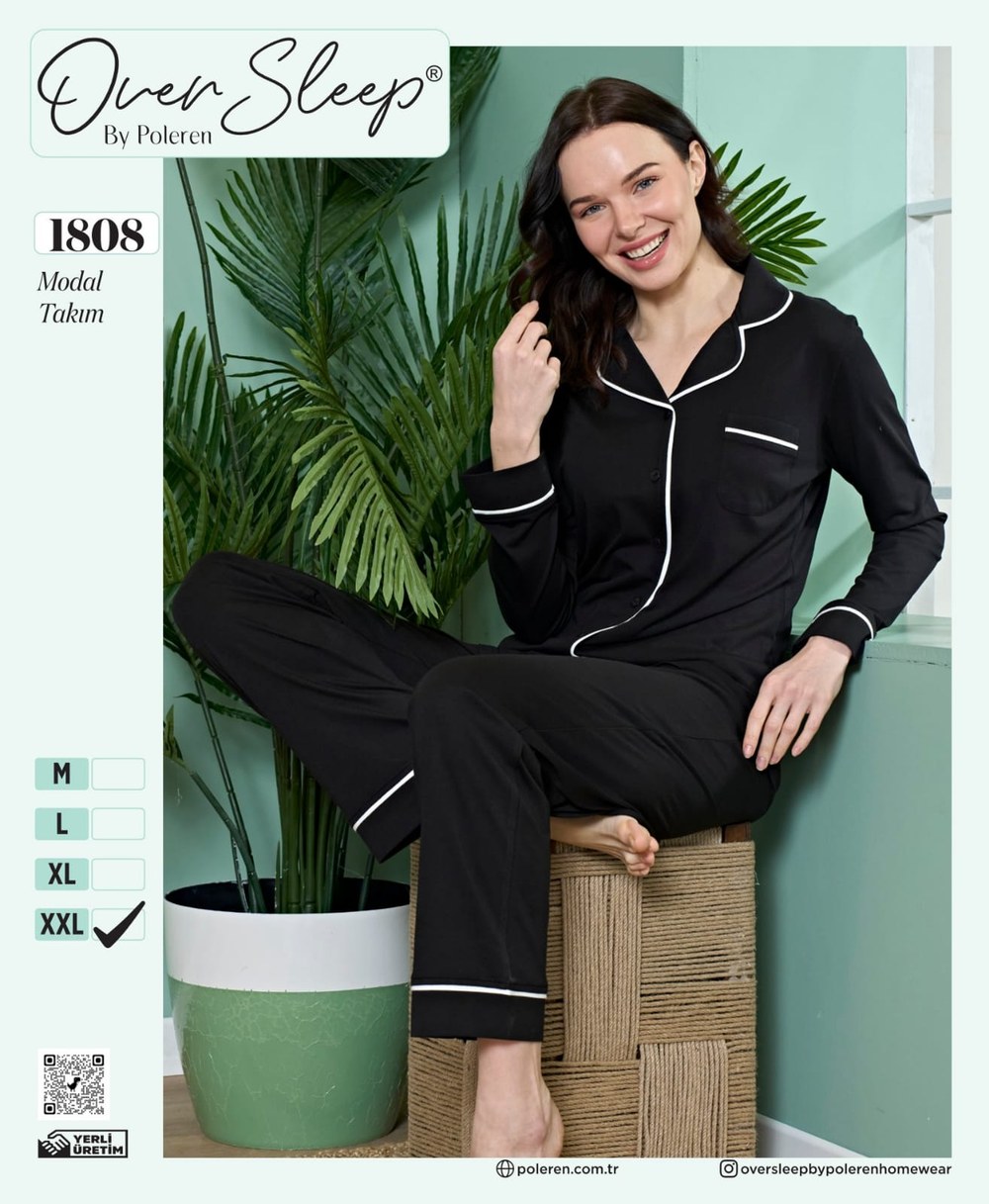 Over Sleep Bayan Modal Poleren Siyah Pijama Takım