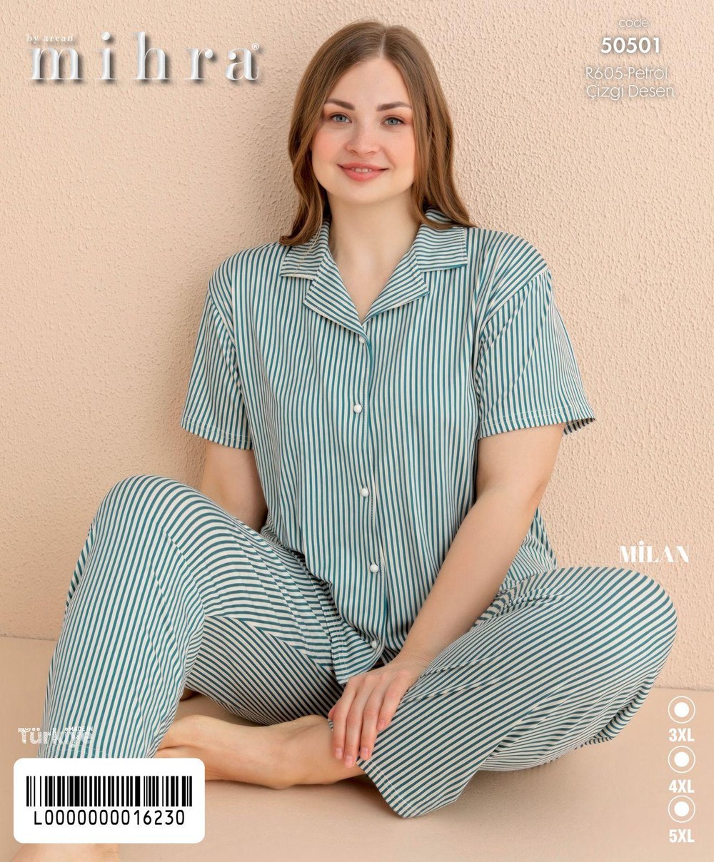 Arcan Milan 50501 Petrol Battal Düğ. K.Kol Alt Uzun Pijama Takım