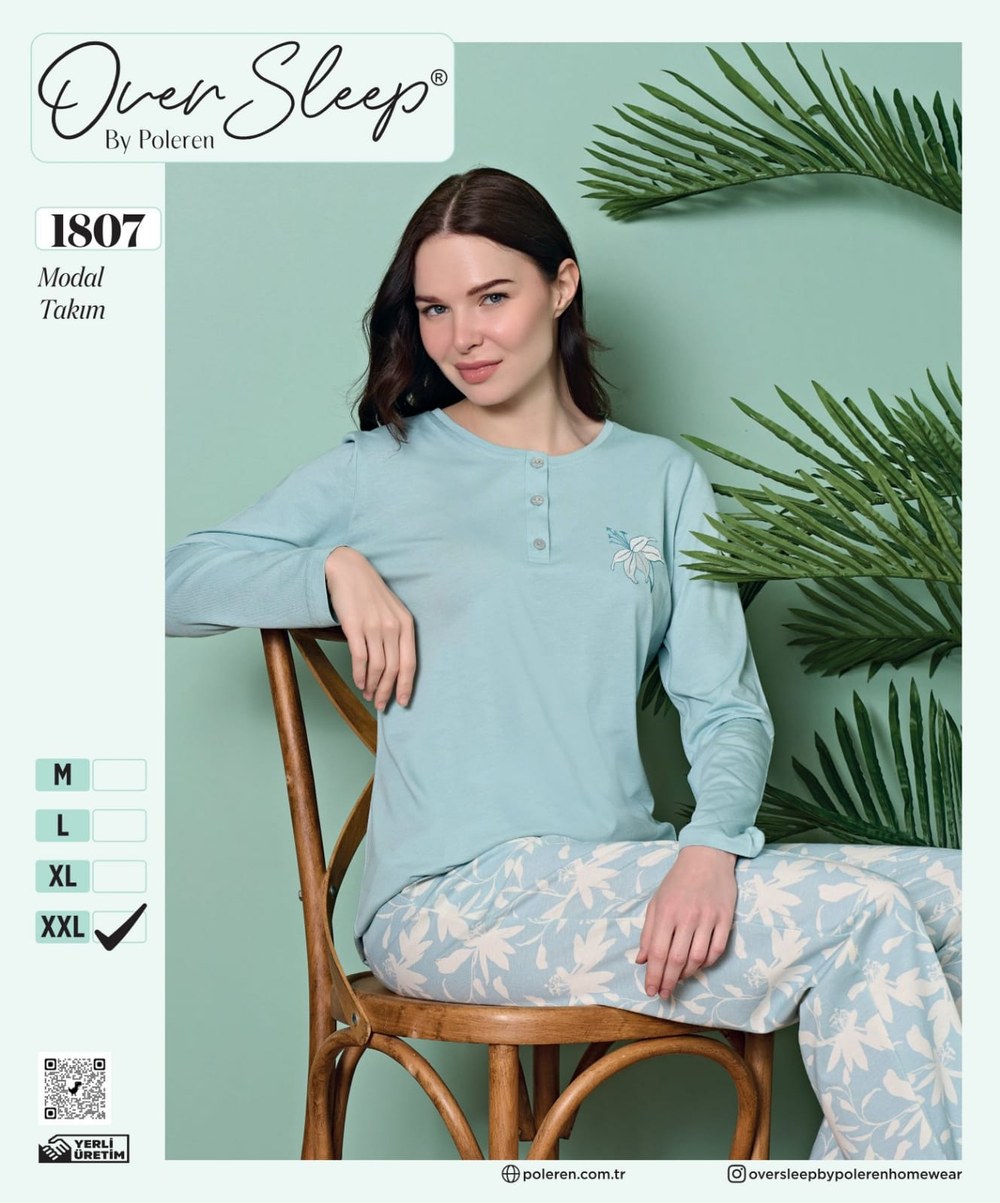Over Sleep Bayan Modal Poleren Turkuaz Pijama Takım