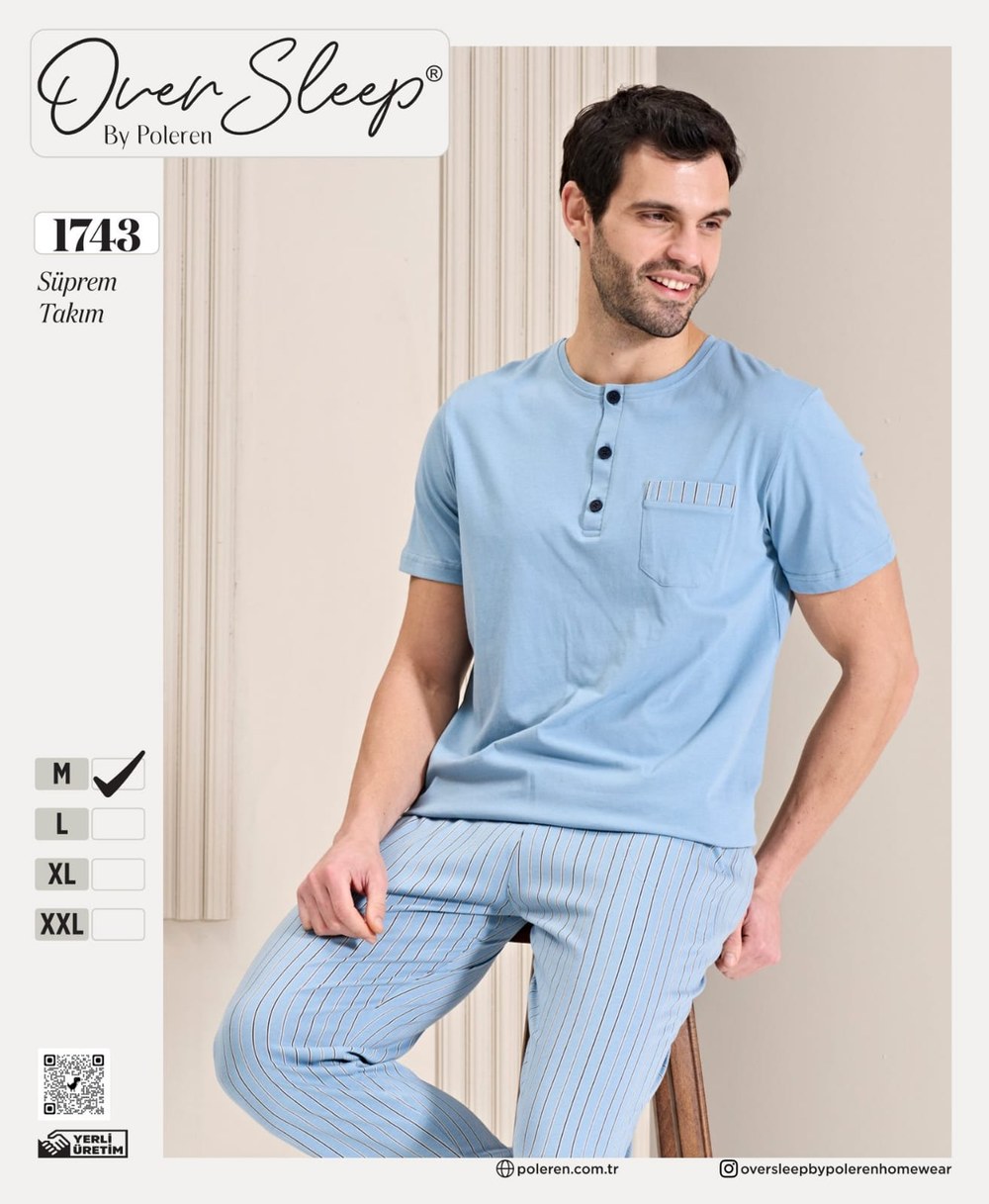 Over Sleep Erkek Poleren Mavi Pijama Takım