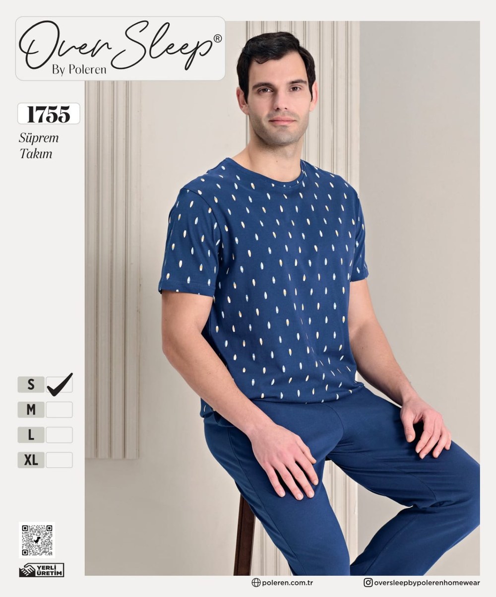 Over Sleep Erkek Poleren Acık Lacıvert Pijama Takım