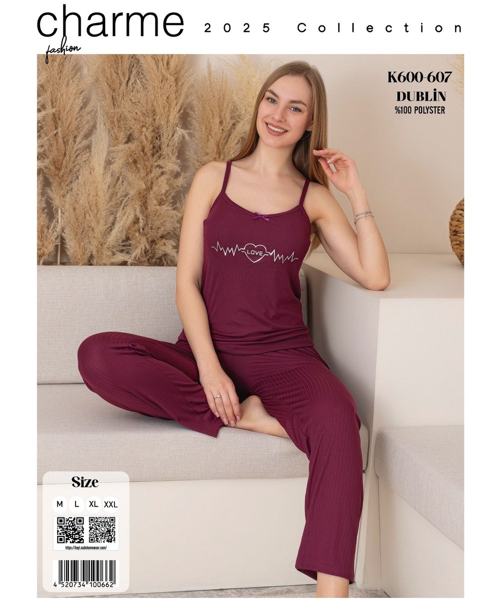 Charme K-600-607 Bayan Dublin İp Askılı Alt Uzun Pijama Takım