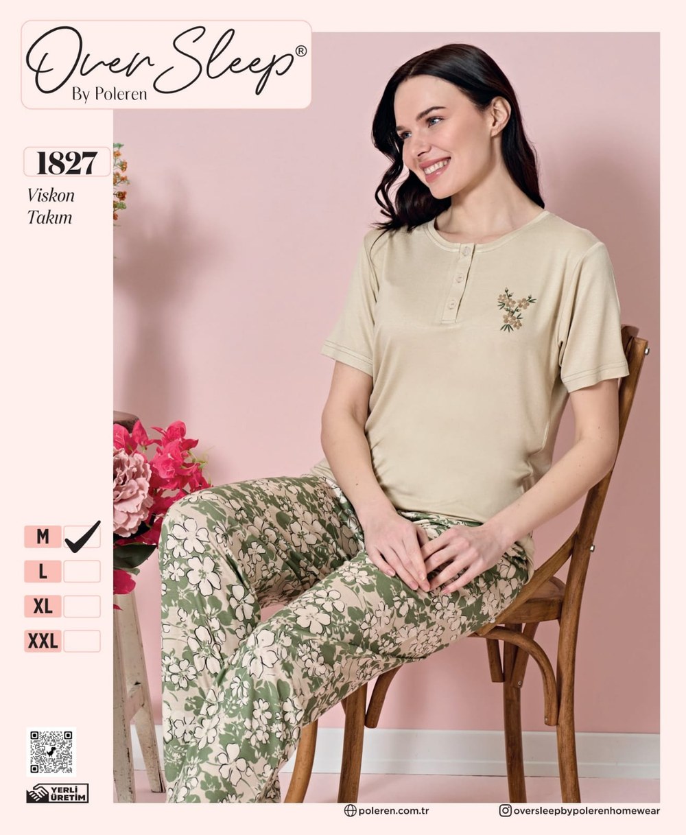 Over Sleep Bayan Poleren Bej Pijama Takım