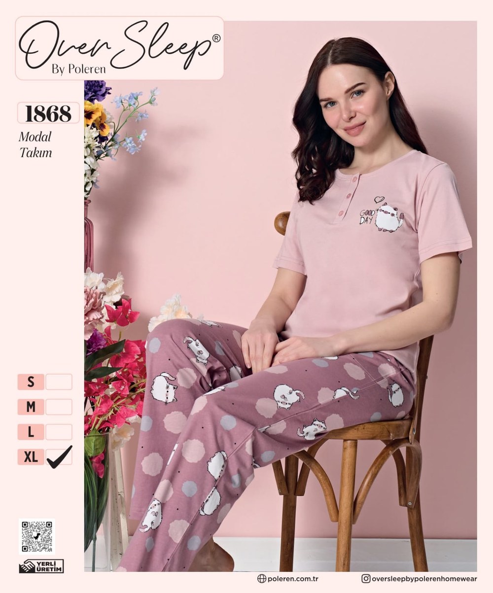 Over Sleep Bayan Modal Poleren Pembe Pijama Takım