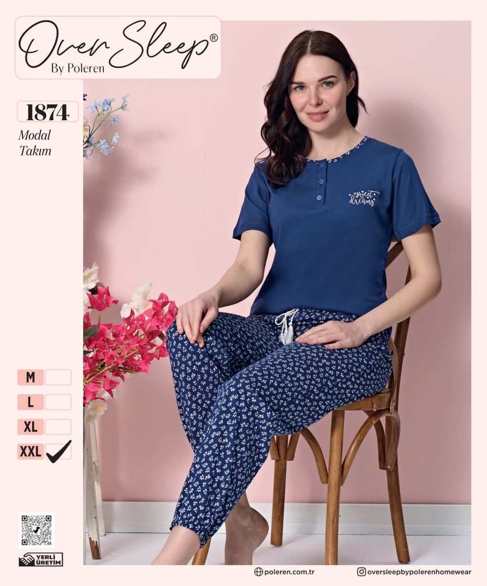 Over Sleep Bayan Modal Poleren Lacıvert Pijama Takım