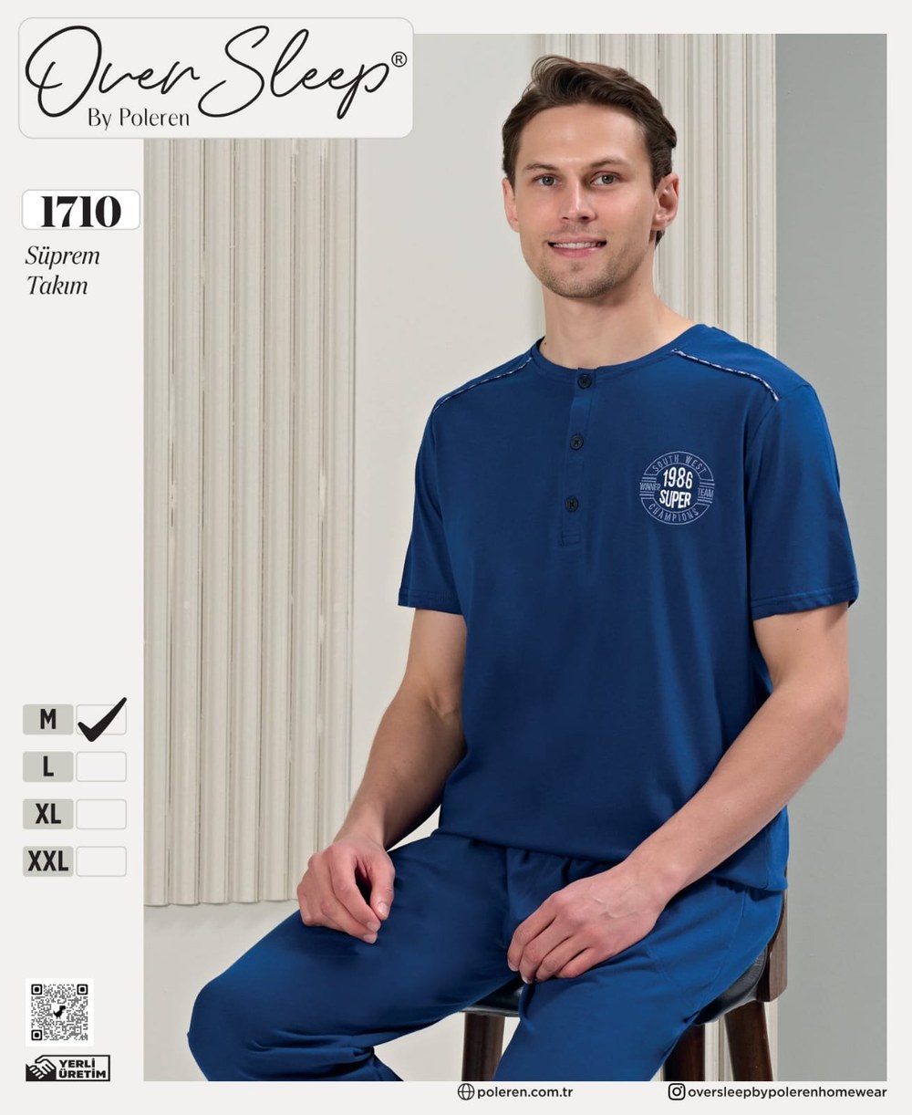 Over Sleep Erkek Poleren Acık Lacıvert Pijama Takım