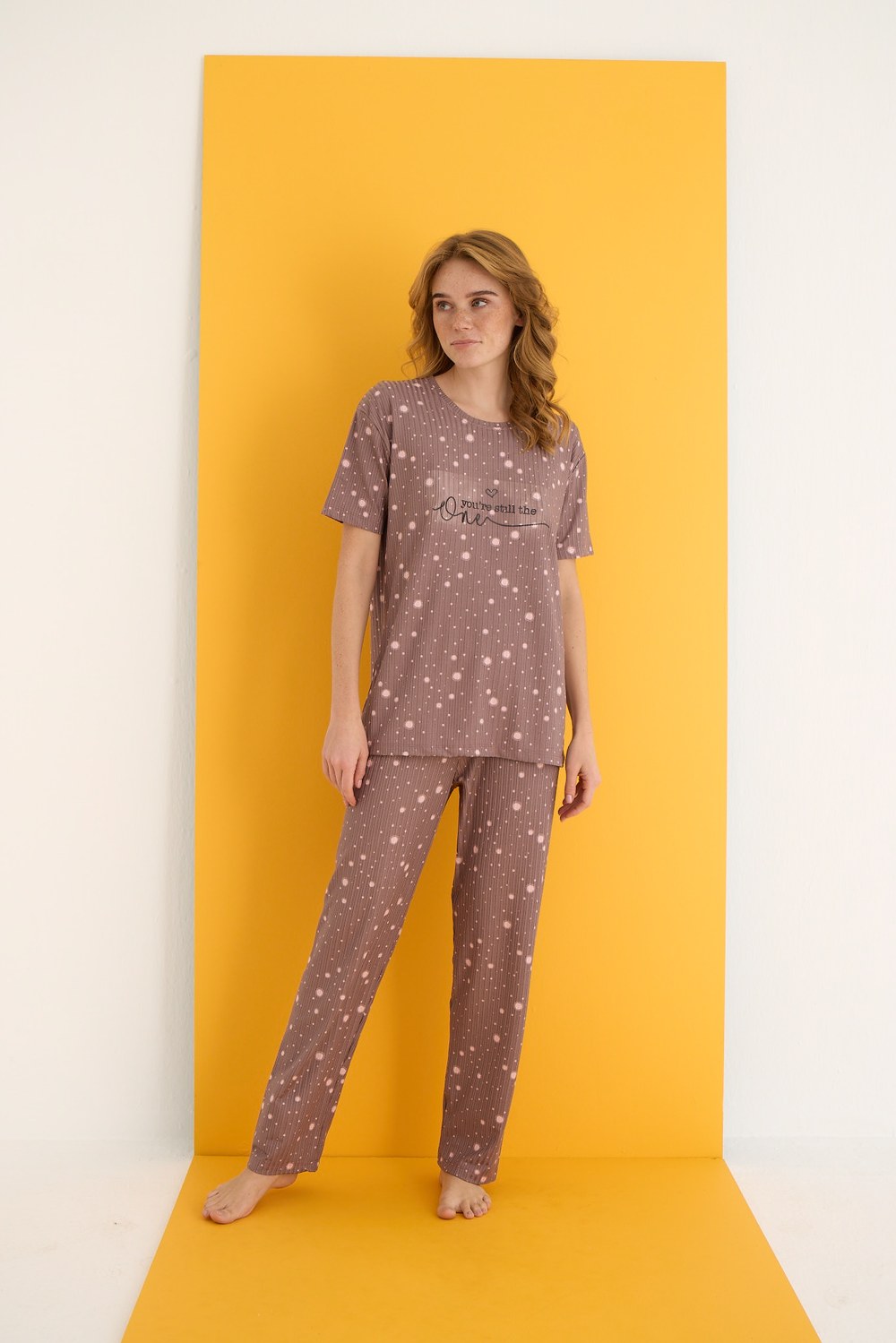 Eliz 7021-2 Bayan Zincir Kahve Noktalı Pijama Takım