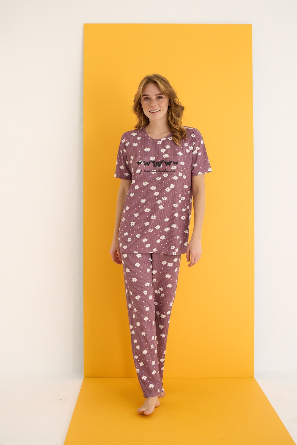 Eliz 7021-7 Bayan Zincir Mürdüm Çiçekli Pijama Takım