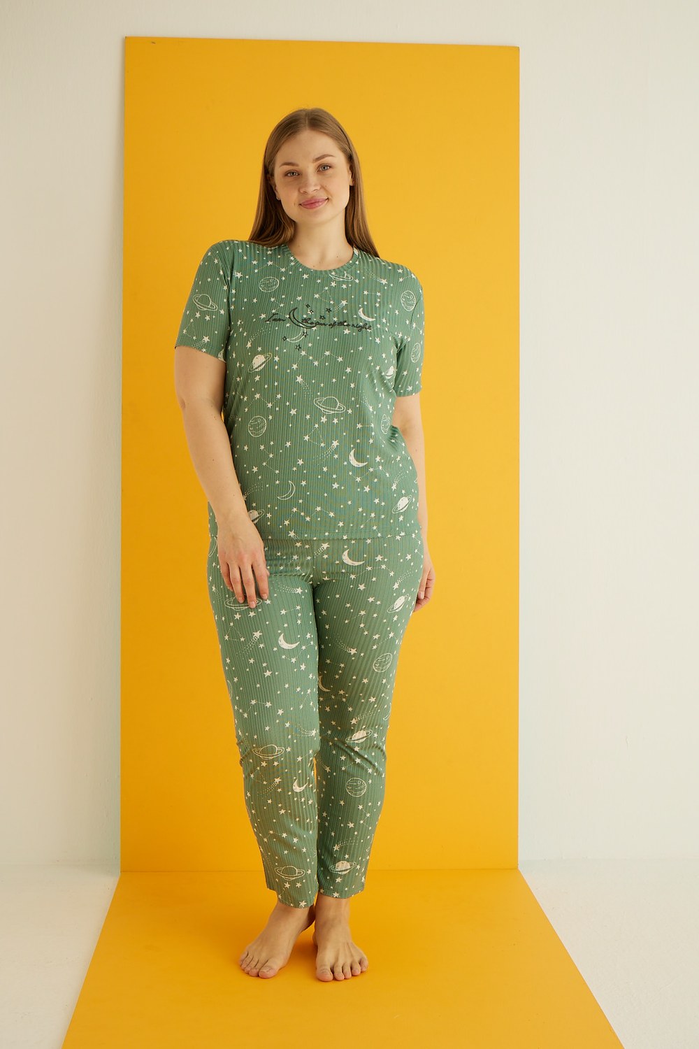 Eliz 7021-4 Bayan Zincir Battal Yeşil Pijama Takım
