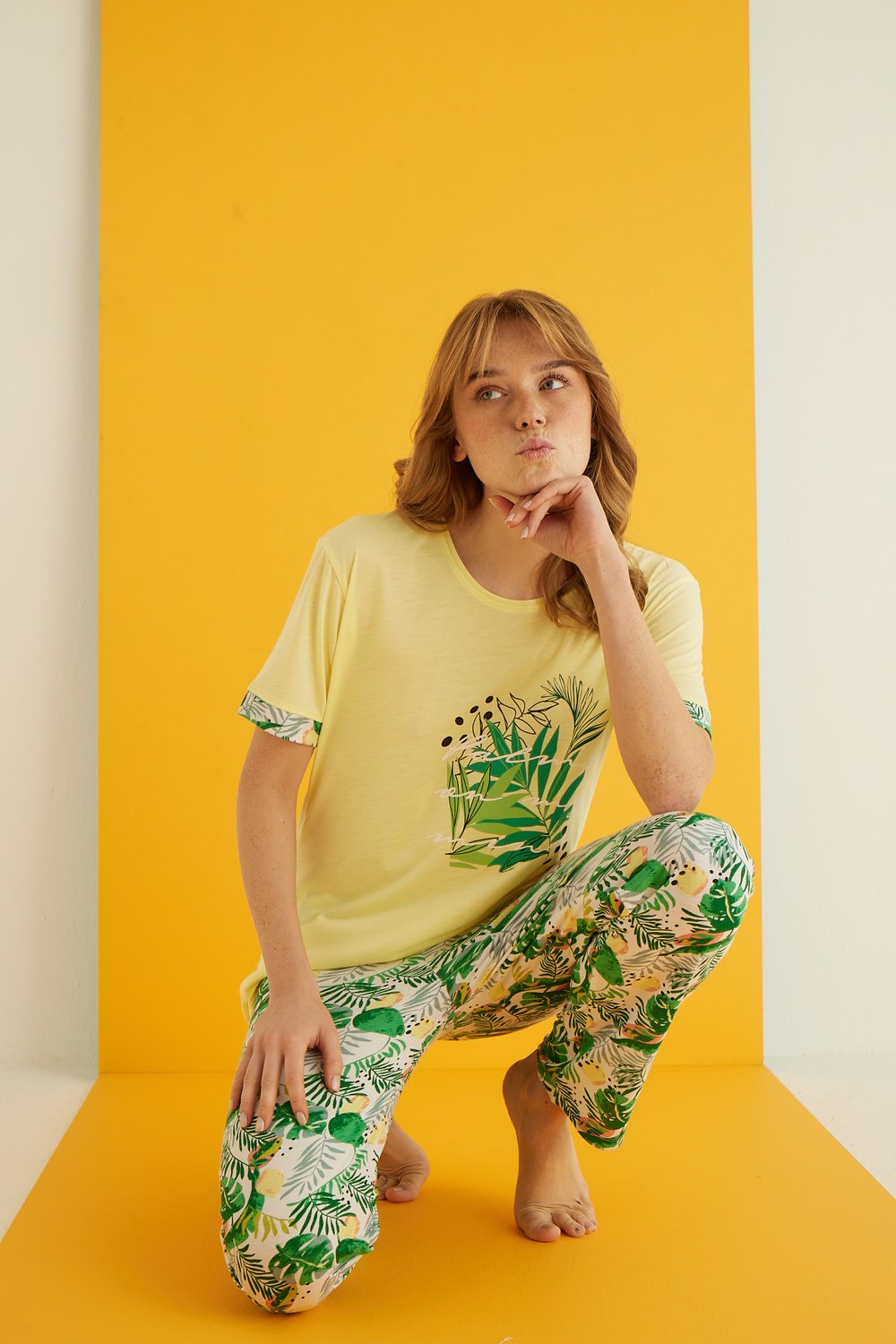 Eliz 7042-2 Bayan Viskon Sarı Pijama Takım