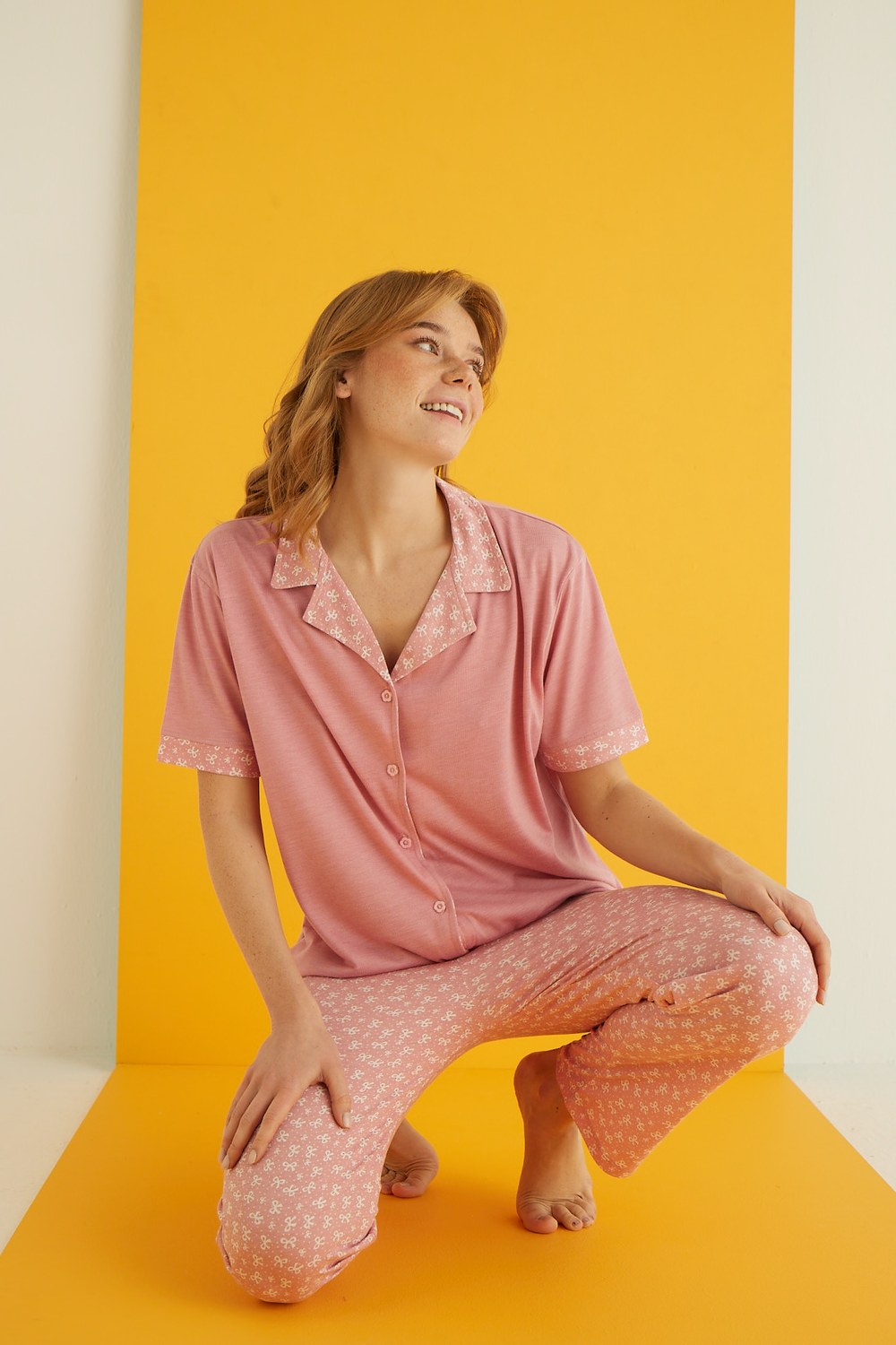Eliz 7044-18 Bayan Viskon Koyu Pudra Düğ.Pijama Takım