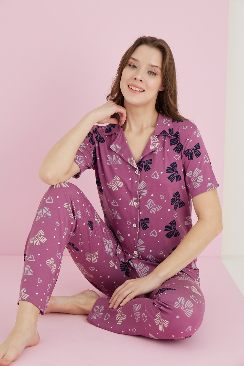 Eliz 7052-20 Bayan Bamboo Lila Üzeri Çiçek Kalp Düğ.Pijama