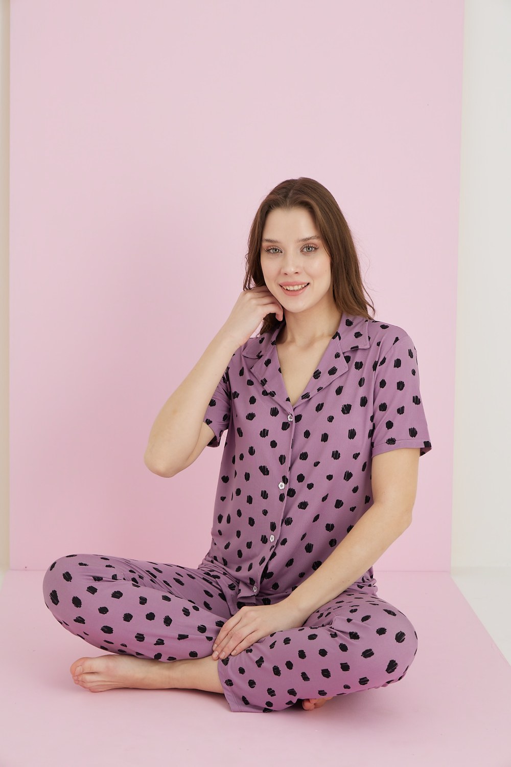 Eliz 7052-9 Bayan Bamboo Lila Siyah Düğ.Pijama Takım