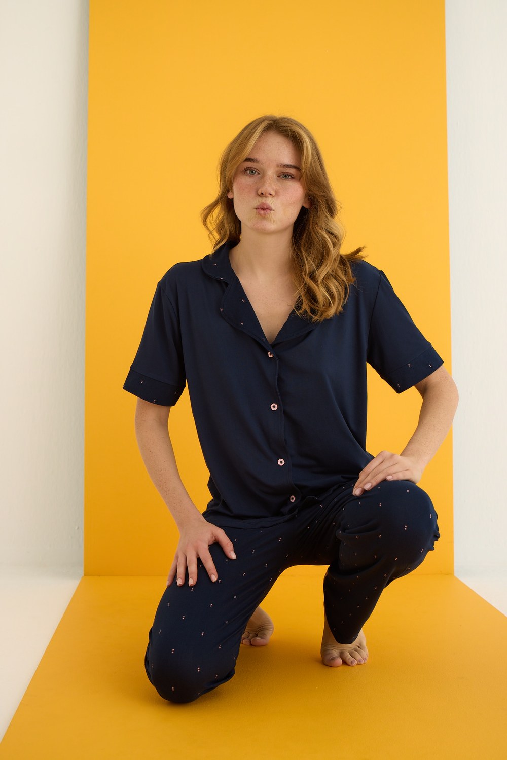 Eliz 7053-18 Bayan Bamboo Lacıvert Düğ.Pijama Takım