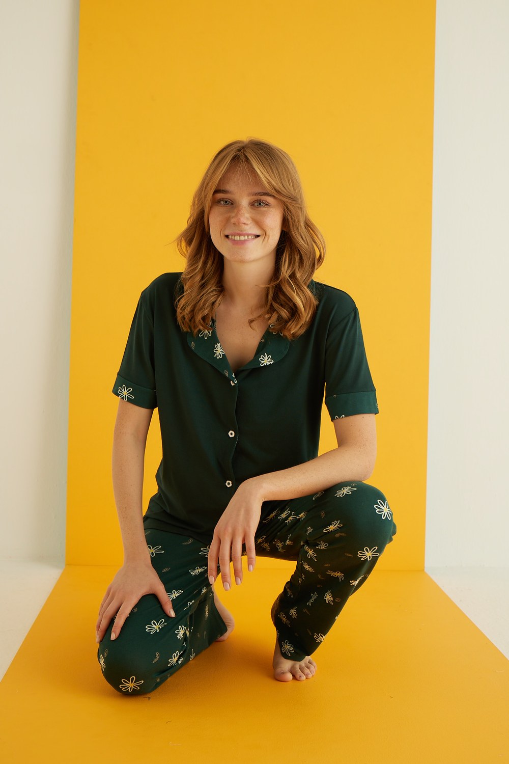 Eliz 7053-20 Bayan Bamboo Yeşil Düğ.Pijama Takım