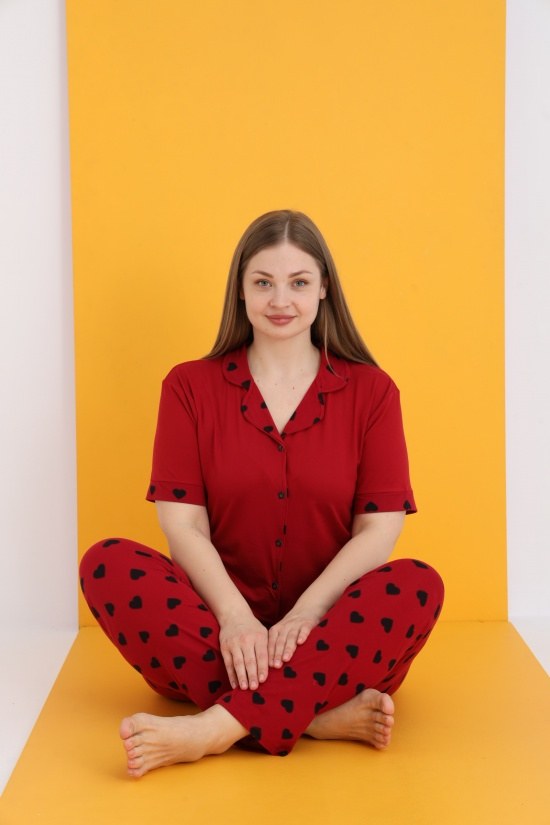 Eliz 7053-14 Bayan Bamboo Battal Bordo Düğ.Pijama Takım