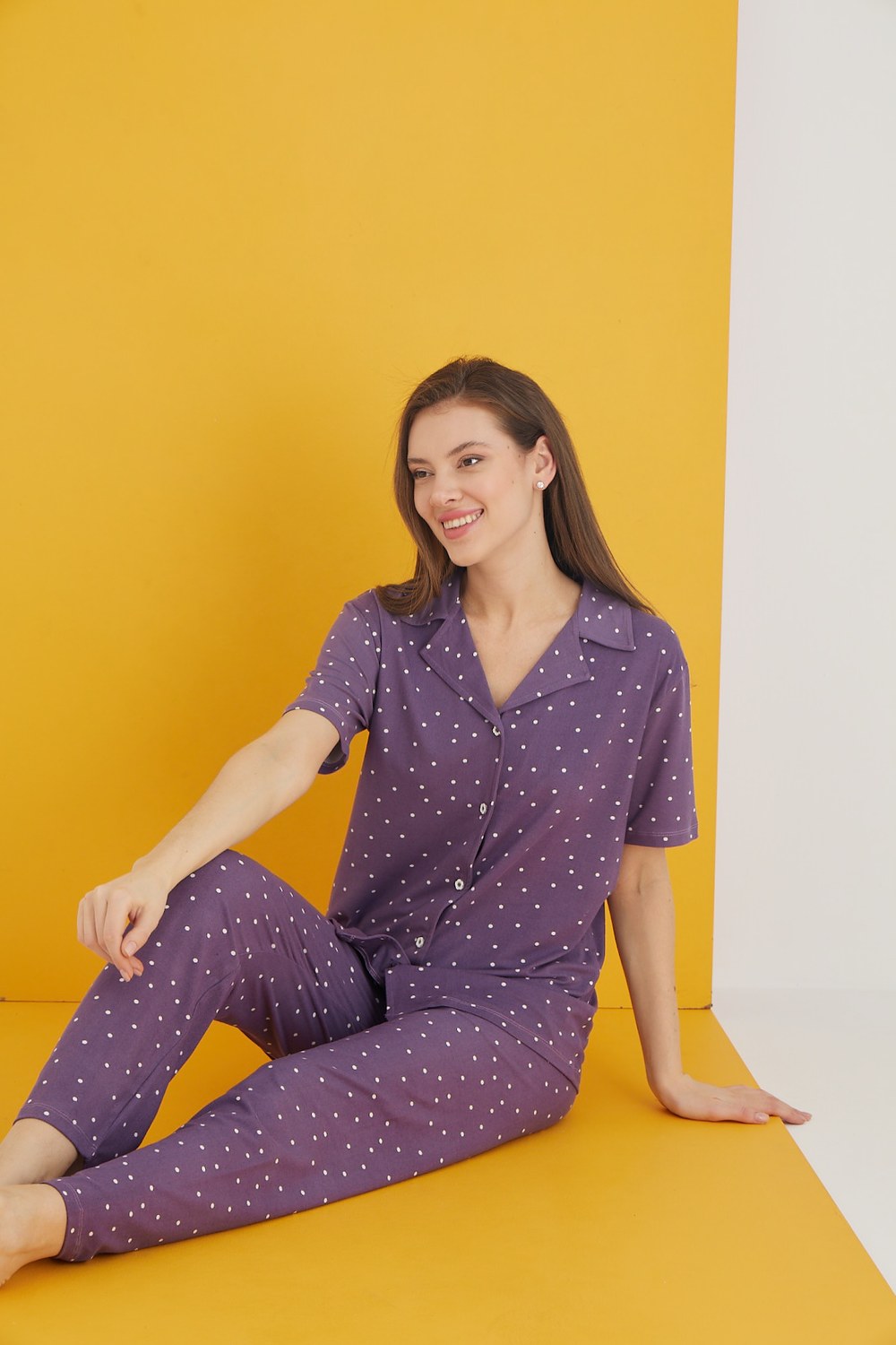 Eliz 7054-33 Bayan Bamboo Mor Beyaz Puanlı Düğ.Pijama Takım