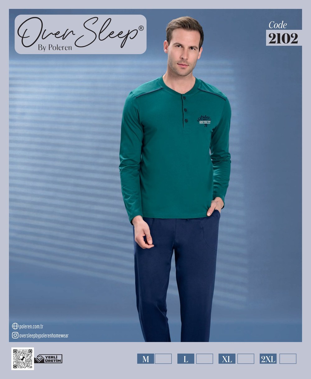 Over Sleep Erkek Poleren Yeşil U-Kol Pijama Takım