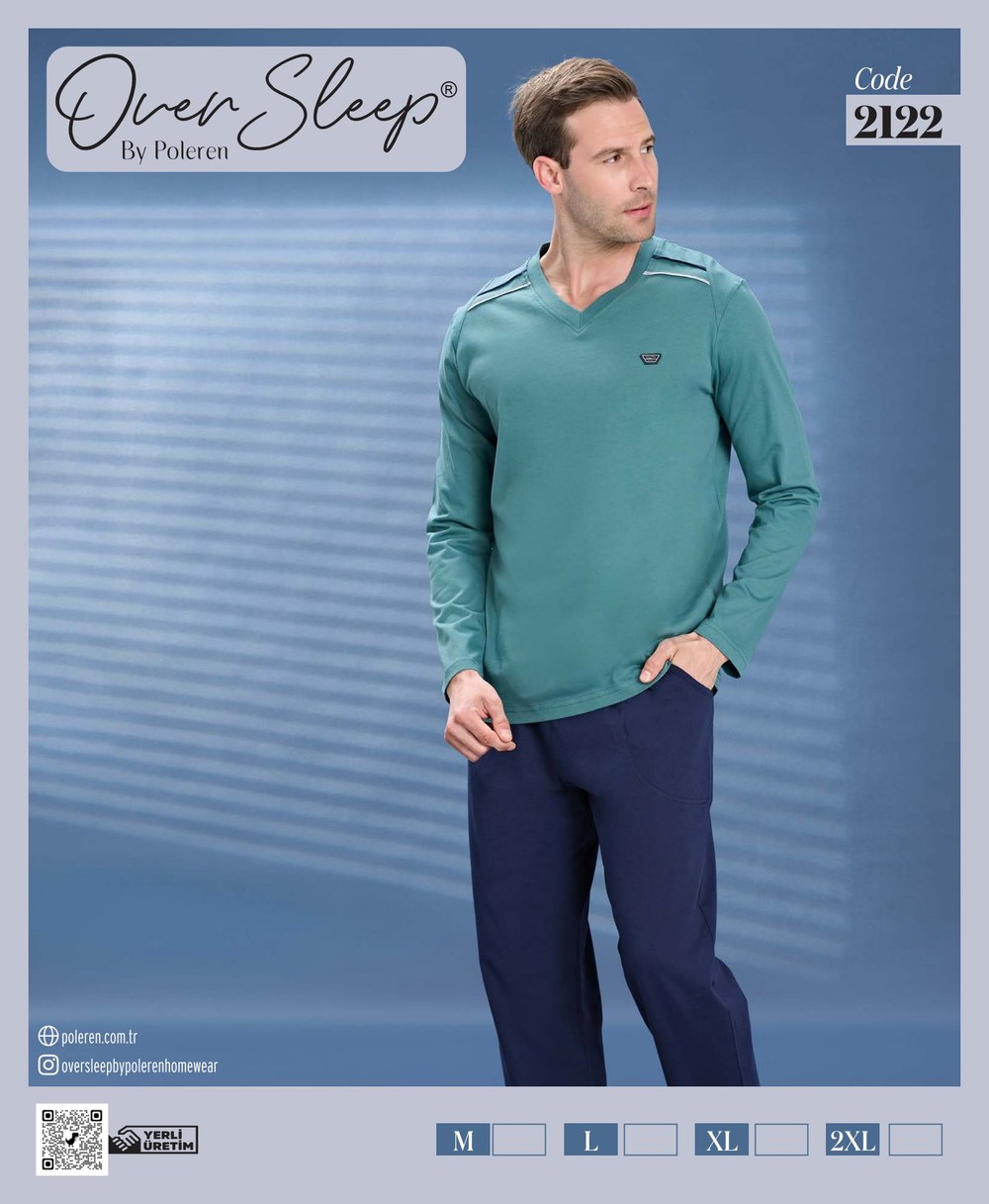 Over Sleep Erkek Poleren Yeşil U-Kol Pijama Takım