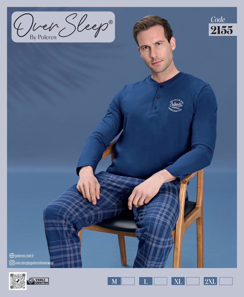 Over Sleep Erkek Poleren Lacıvert U-Kol Pijama Takım