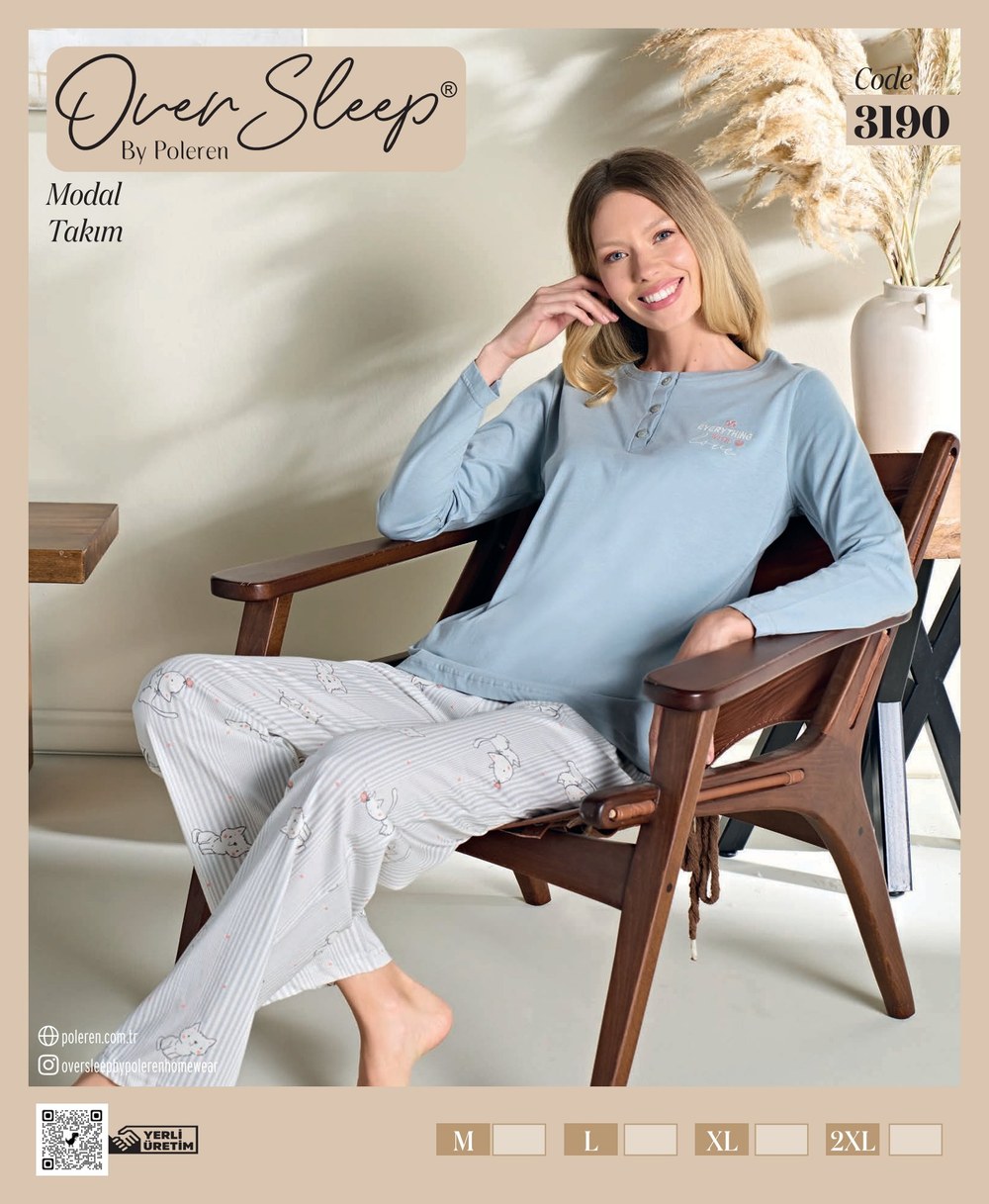 Over Sleep Bayan Poleren Gri U-Kol Pijama Takım