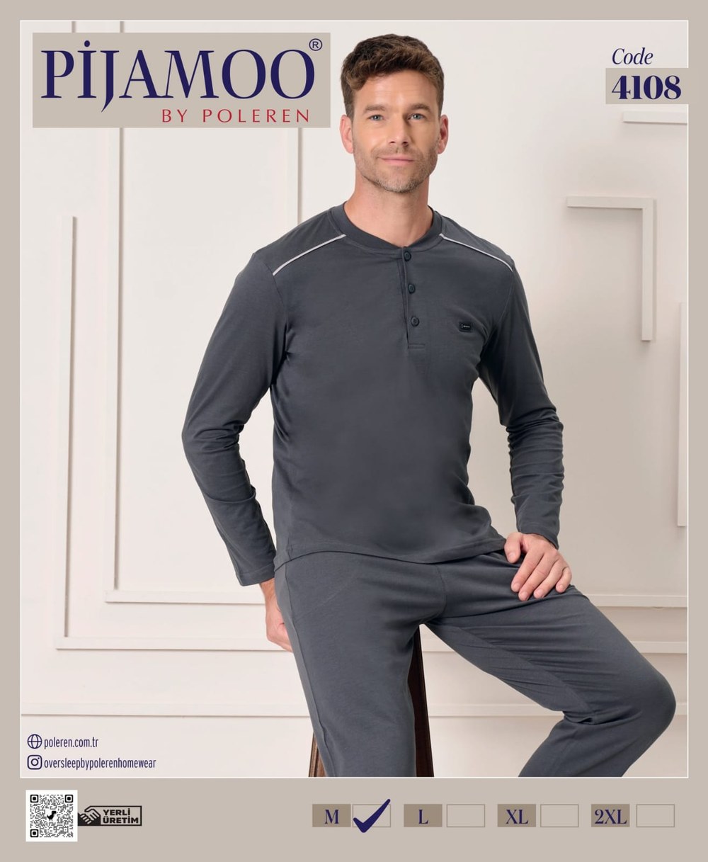 Pijamoo Erkek Poleren Füme U.Kol Pijama Takım