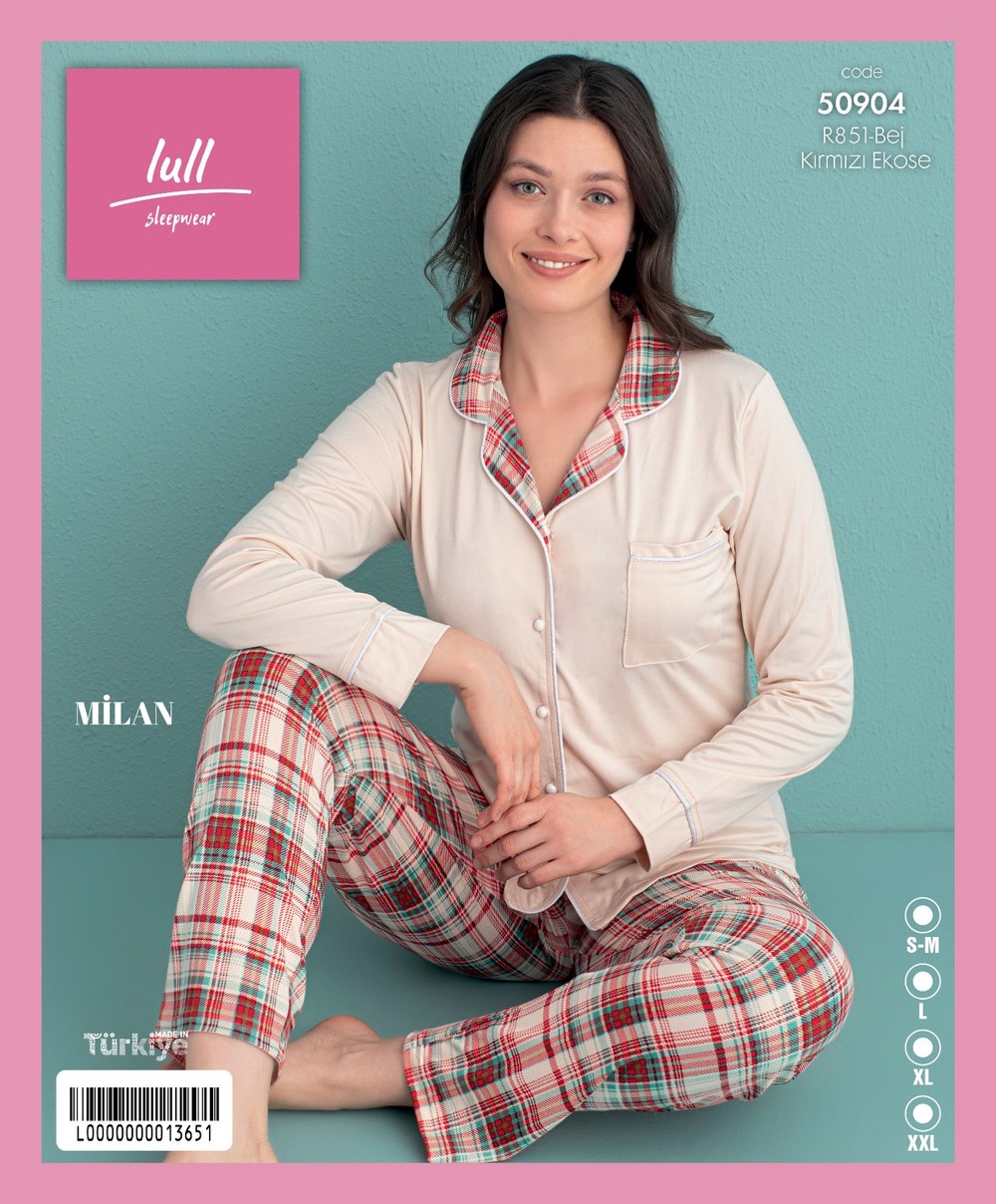 Arcan Milan 50904 Bej Kırmızı Ara Biyeli Düğ. Pijama Tkm