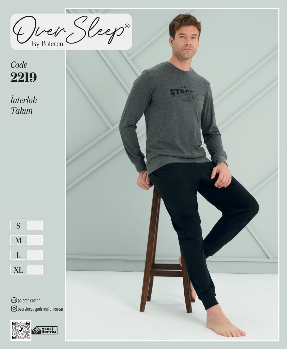 Over Sleep Erkek Antrasit İnterlok U.Kol Pijama Takım